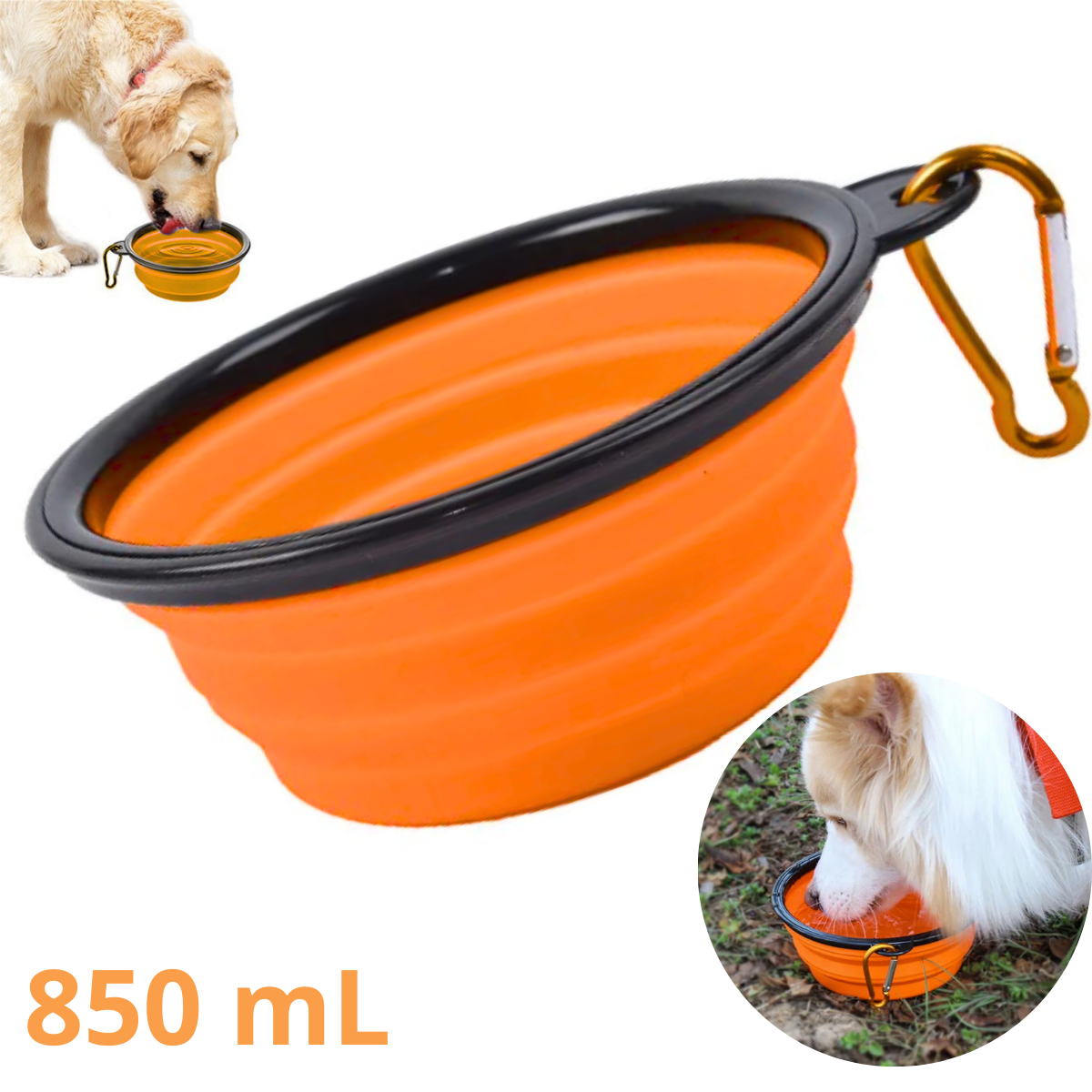 PLATO PORTATIL PLEGABLE GRANDE PARA MASCOTA - ANARANJADO 850mL