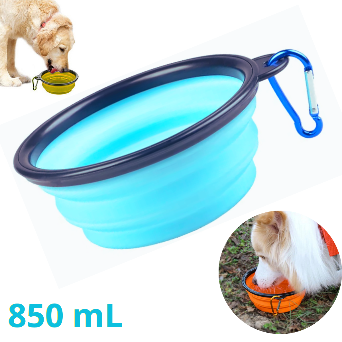 PLATO PORTATIL PLEGABLE GRANDE PARA MASCOTA - CELESTE 850mL