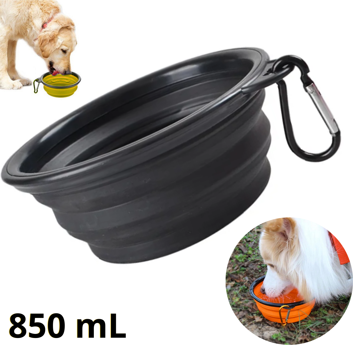 PLATO PORTATIL PLEGABLE GRANDE PARA MASCOTA - NEGRO 850mL