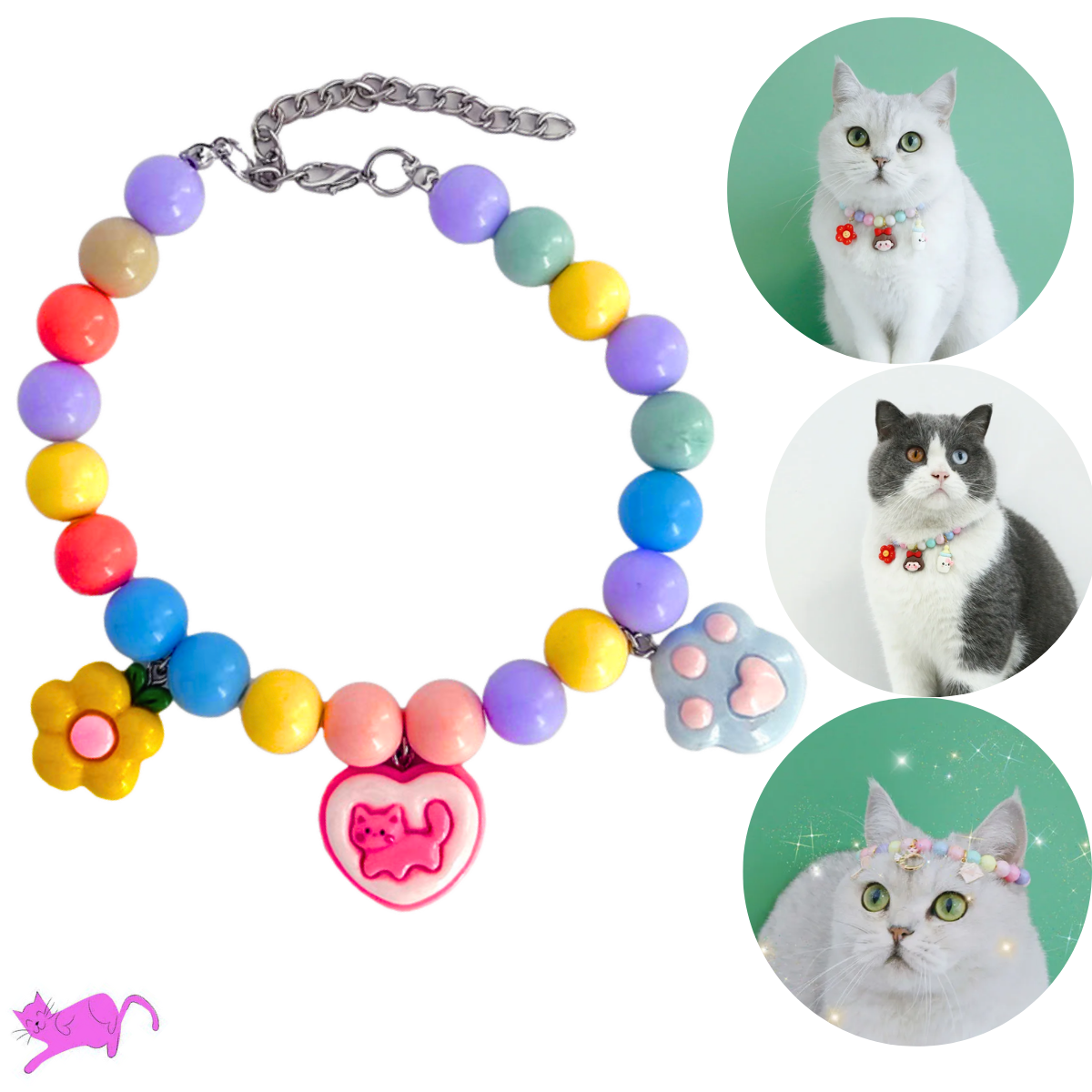 COLLAR PERLAS DE COLORES GATITO
