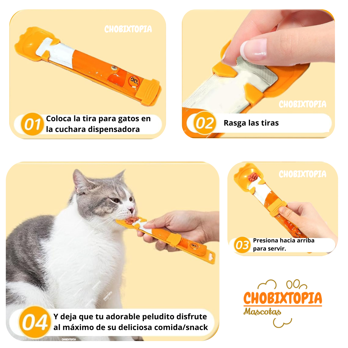 CUCHARA DISPENSADOR EXPRIMIBLE CON TIRA PARA COMIDA HUMEDA DE GATOS BLANCO
