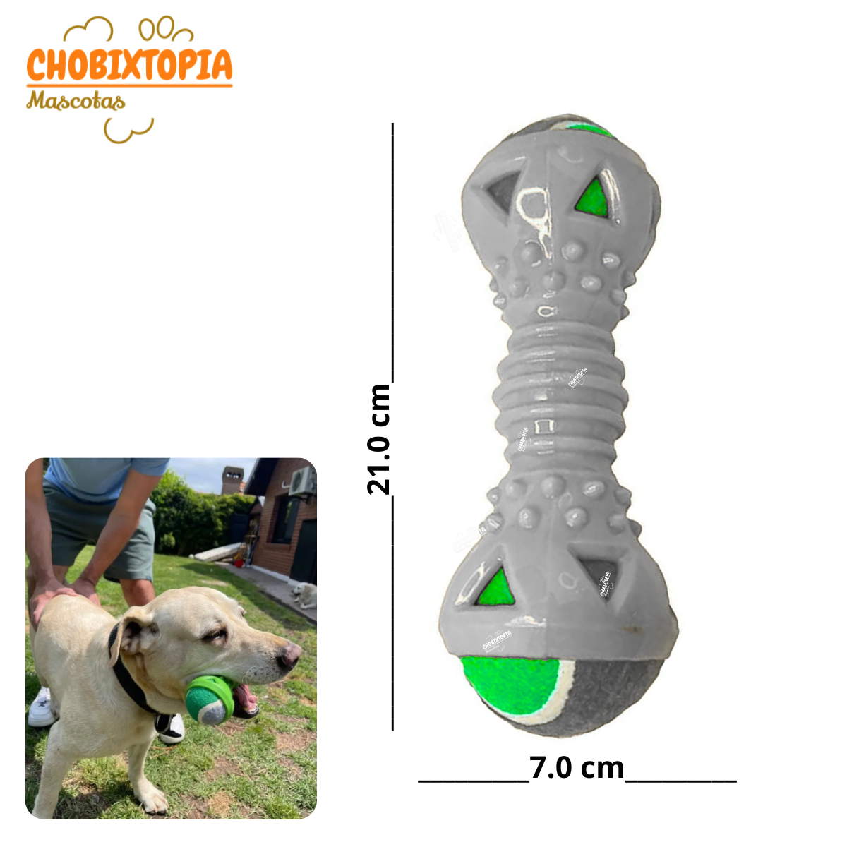 JUGUETE MANCUERNA DE GOMA CON PELOTA EXTRAIBLE PARA PERRO PLOMO