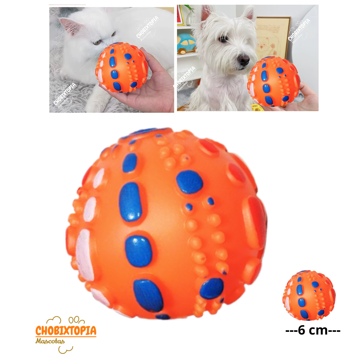 PELOTA RUGOSA DE JEBE PARA PERROS ANARANAJADA 6x6x6