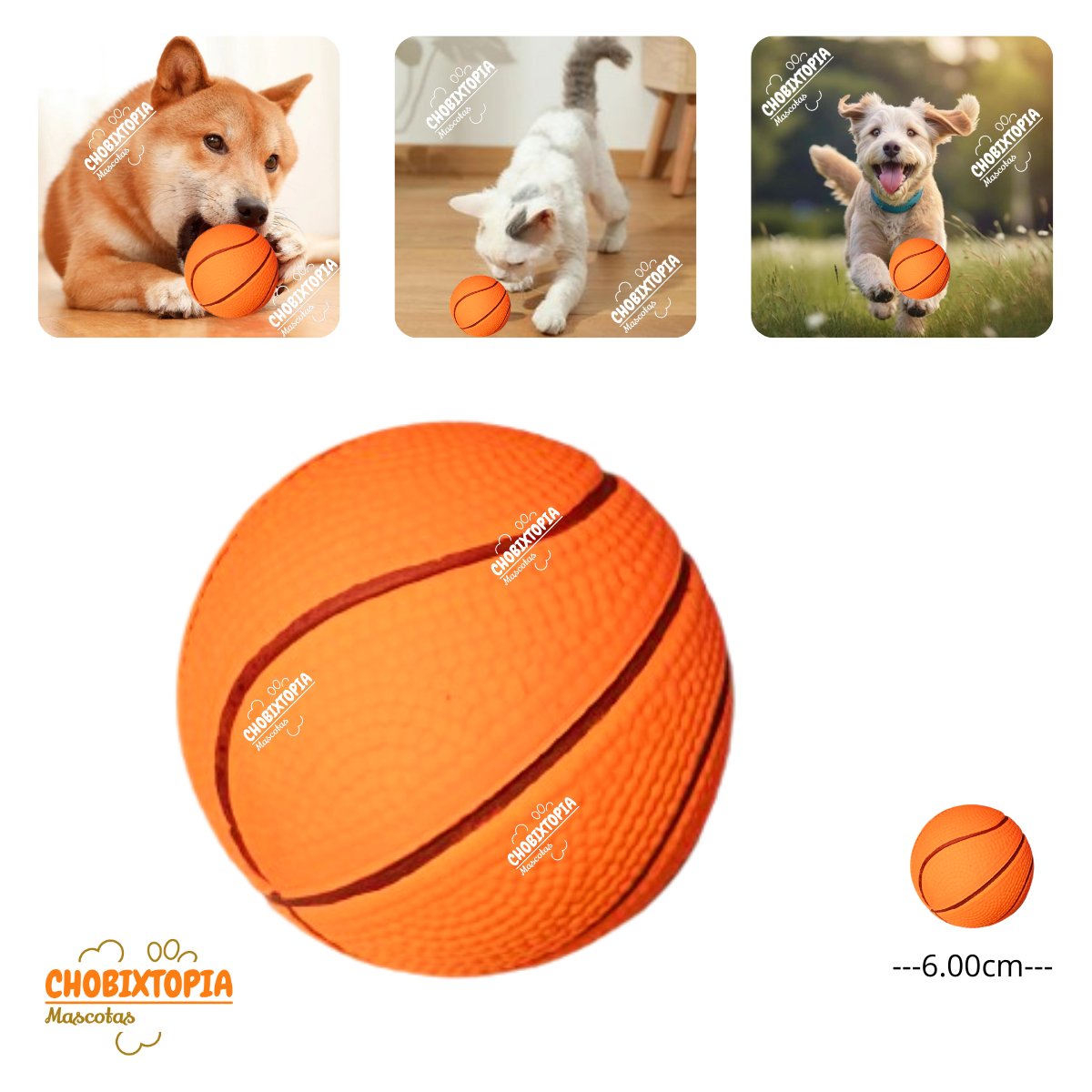 PELOTA DE GOMA MASCOTA - PERRO Y GATO ANARANJADA (BASQUET)