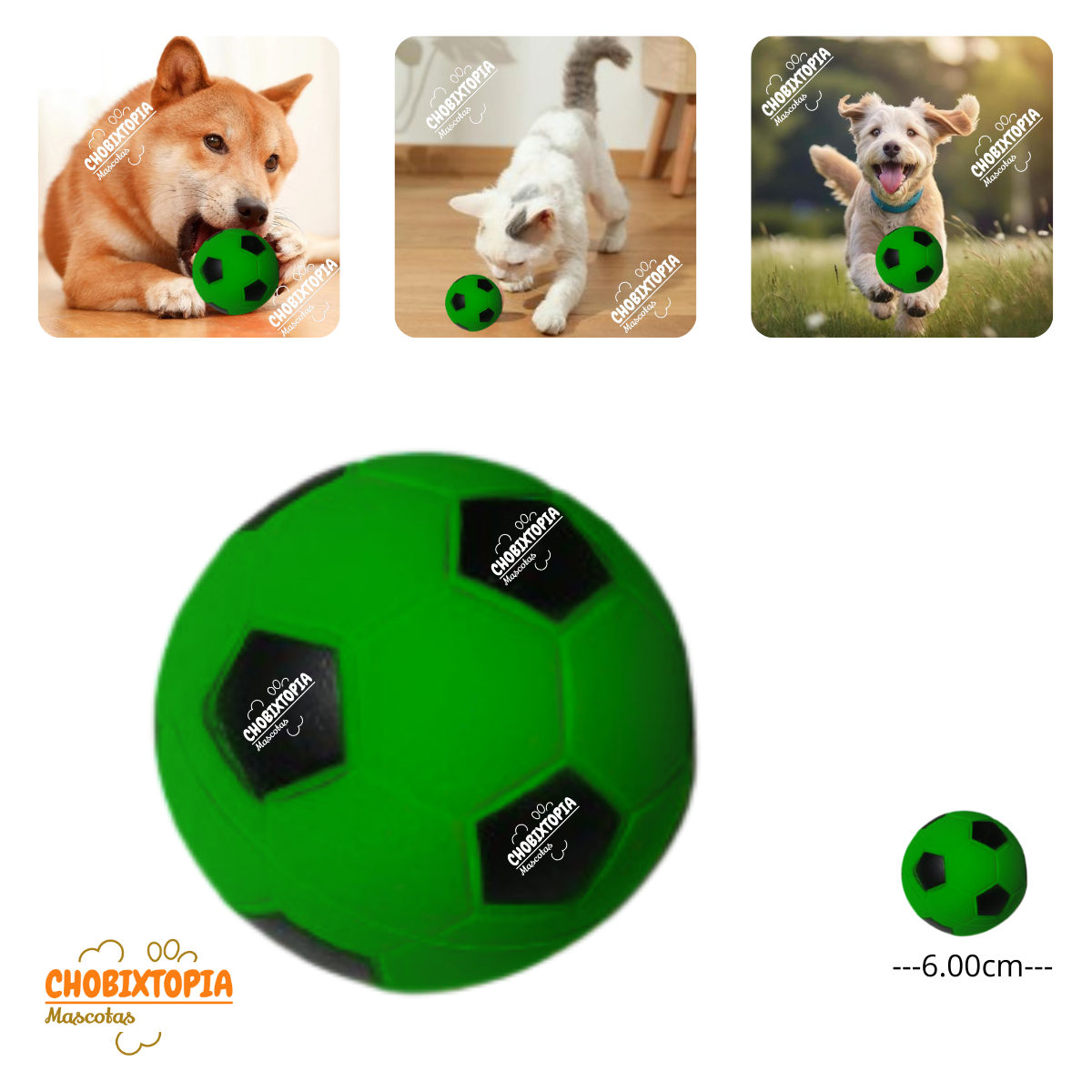 PELOTA DE GOMA MASCOTA - PERRO Y GATO VERDE (FUTBOL)
