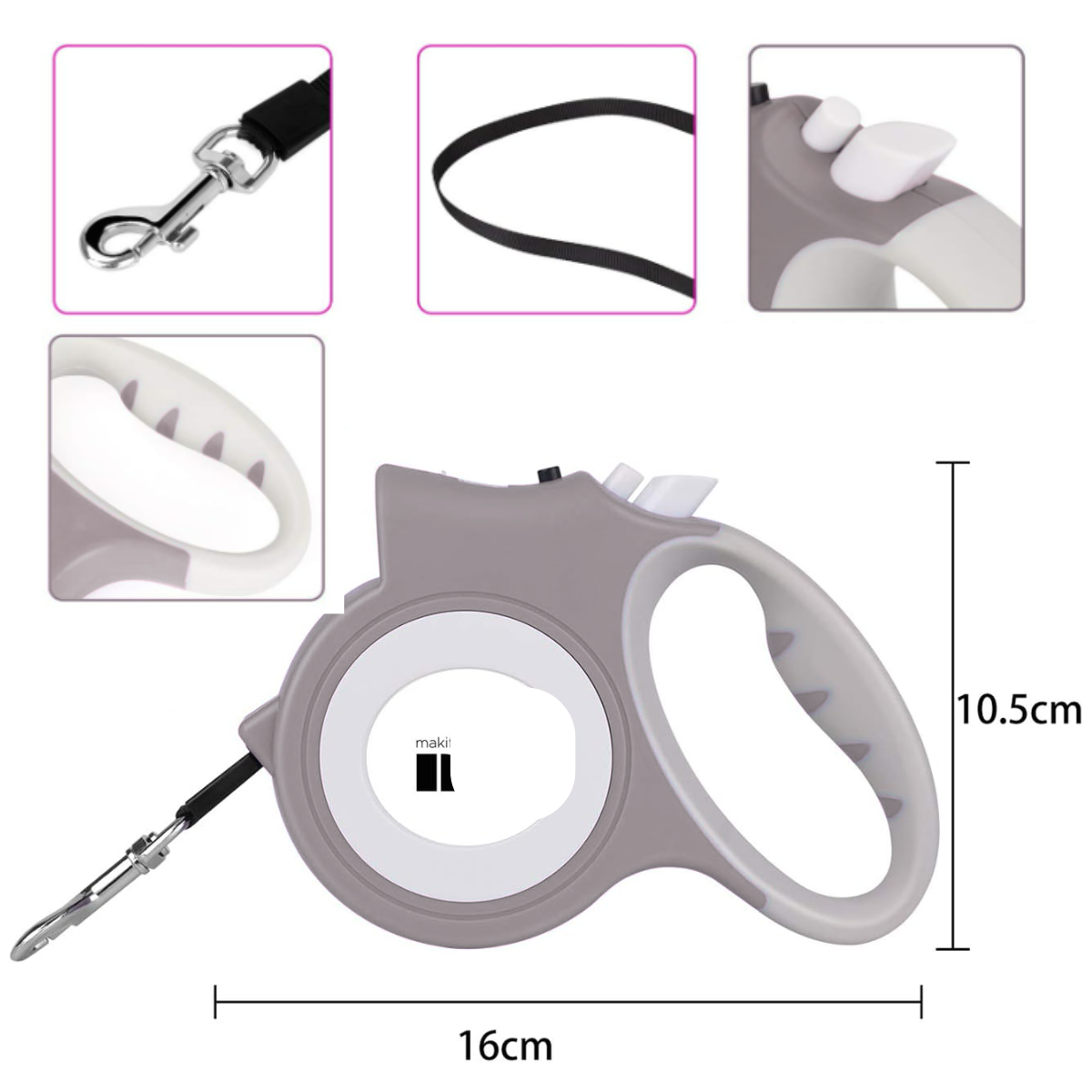 CORREA RETRACTIL CON LINTERNA PARA MASCOTA PLOMO