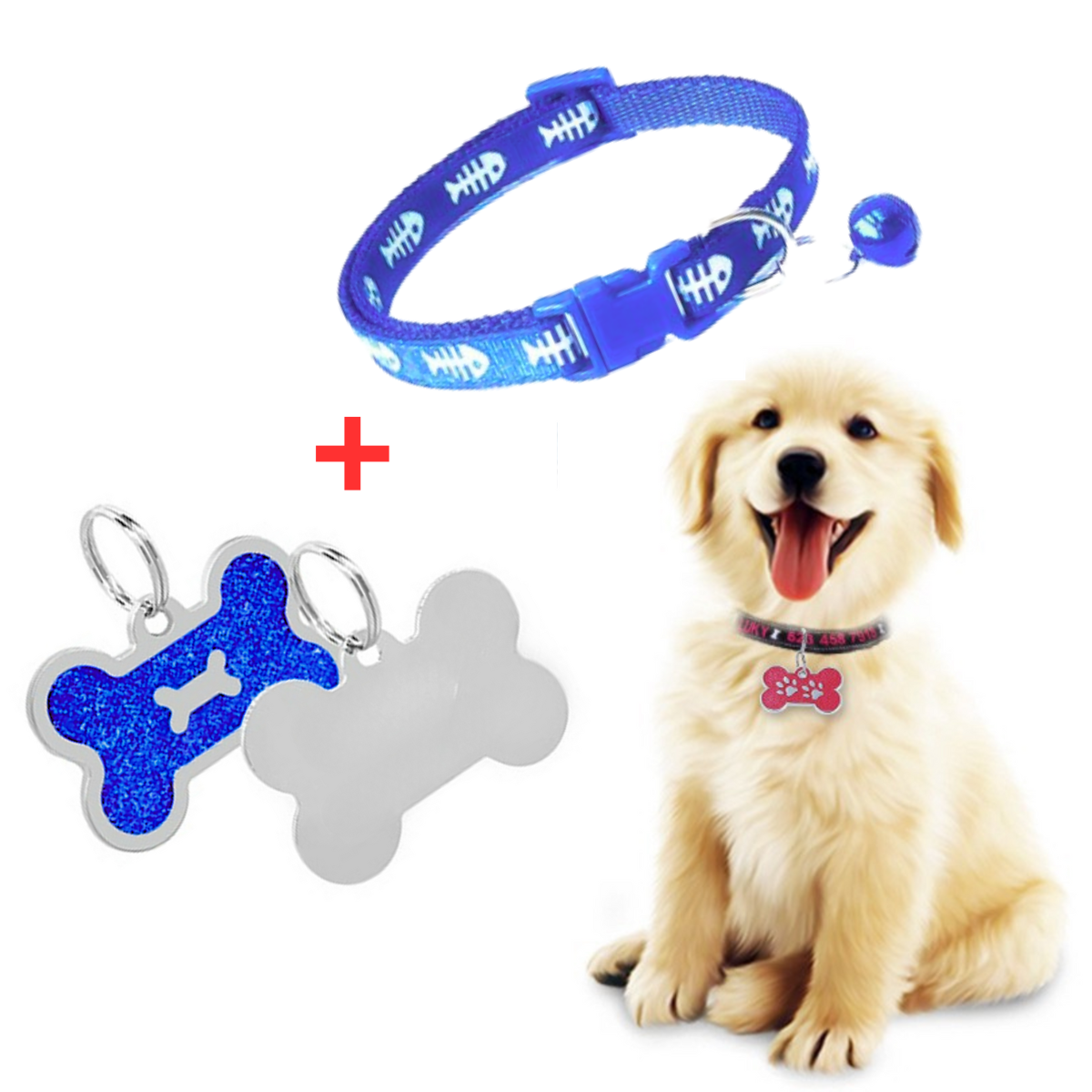 PLACA Y COLLAR PARA MASCOTAS CON CASCABEL - AZUL y AZUL