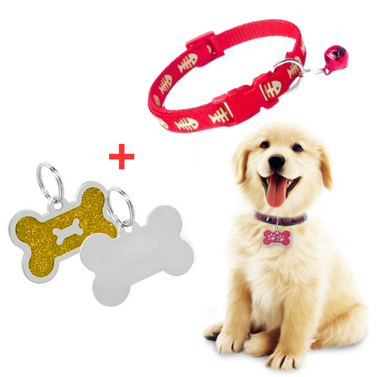 PLACA Y COLLAR PARA MASCOTAS CON CASCABEL - GOLD y ROJO