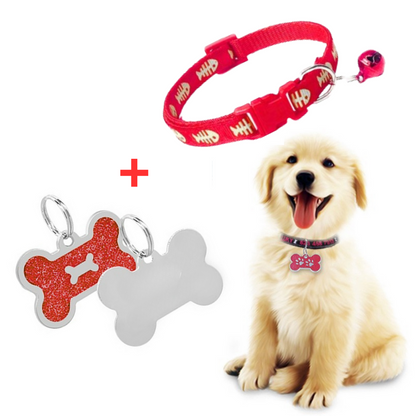 PLACA Y COLLAR PARA MASCOTAS CON CASCABEL - ROJO y ROJO