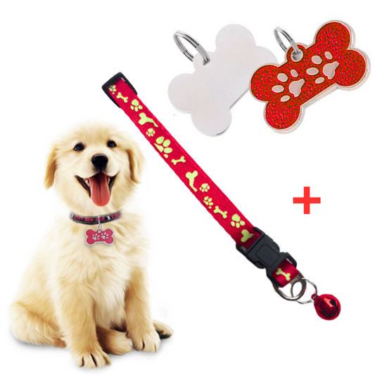 PLACA Y COLLAR PARA MASCOTAS CON CASCABEL - ROJO y ROJO