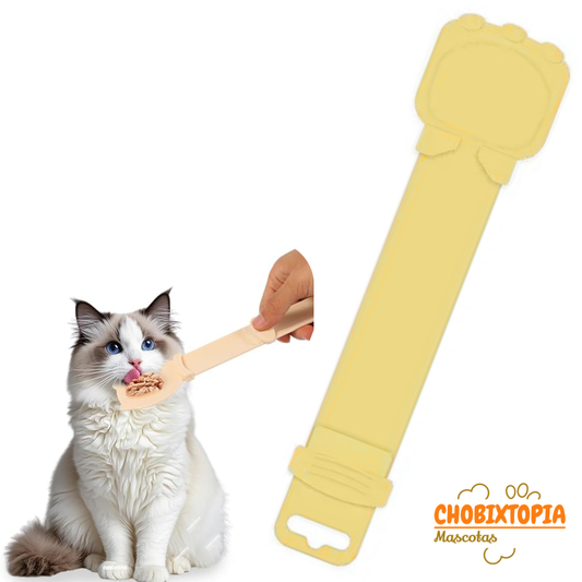 CUCHARA DISPENSADOR EXPRIMIBLE CON TIRA PARA COMIDA HUMEDA DE GATOS AMARILLO