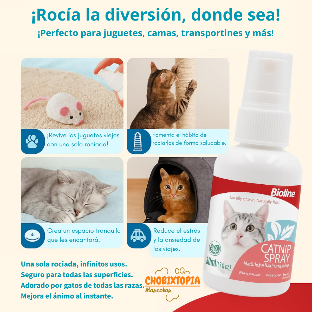 HIERBA GATERA SPRAY PARA RASCADORES, JUGUETES, CAMAS Y ADIESTRAMIENTO DE GATOS