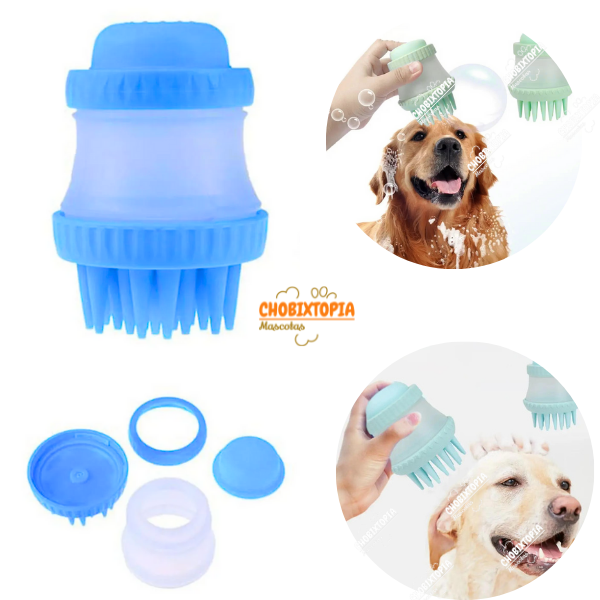 DISPENSADOR DE SHAMPOO-MASAJEADOR PARA PERRO CELESTE