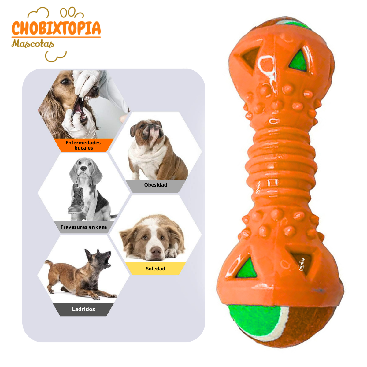 JUGUETE MANCUERNA DE GOMA CON PELOTA EXTRAIBLE PARA PERRO NARANJA