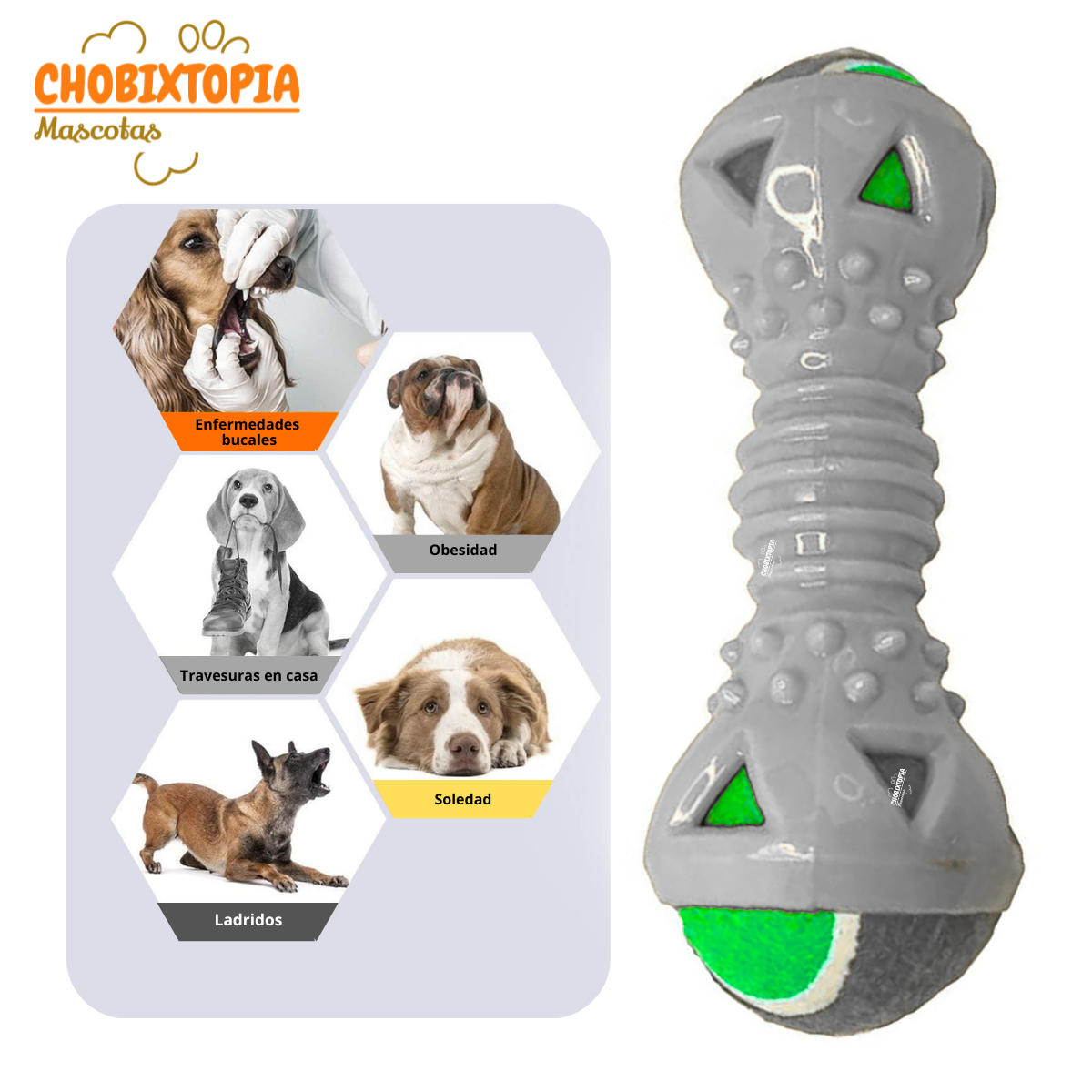 JUGUETE MANCUERNA DE GOMA CON PELOTA EXTRAIBLE PARA PERRO PLOMO