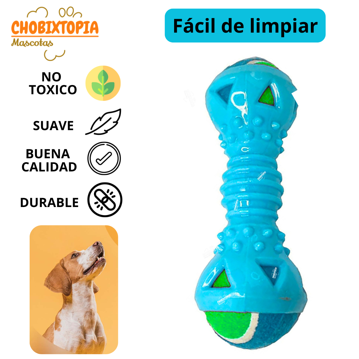 JUGUETE MANCUERNA DE GOMA CON PELOTA EXTRAIBLE PARA PERRO TURQUESA