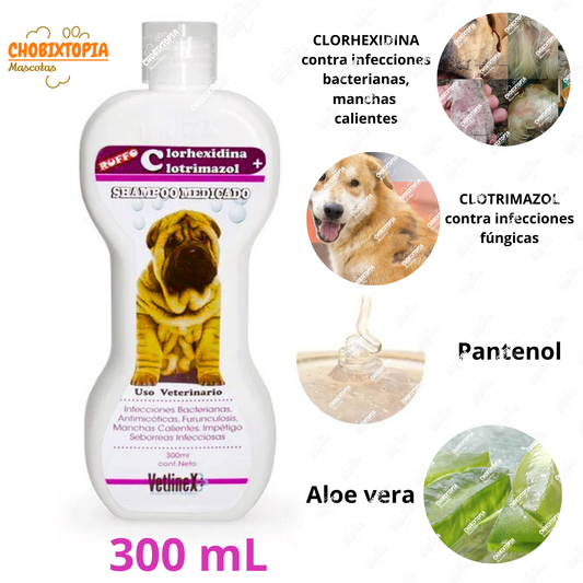 SHAMPOO MEDICADO RUFFO CLORHEXIDINA + CLOTRIMAZOL VETLINEX 300 Ml